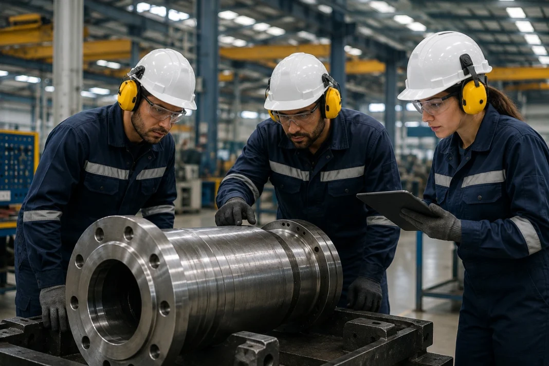 Verificação de qualidade antes do embarque de equipamento industrial